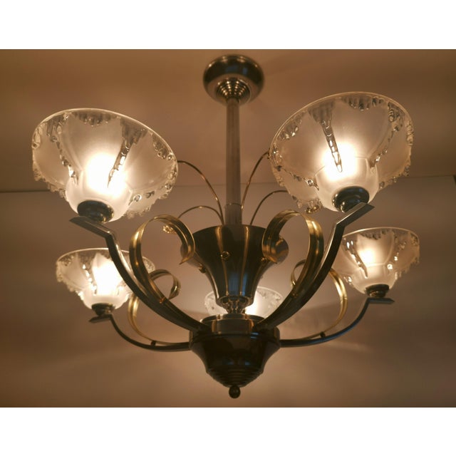 French Art Deco Chandelier in Chrome, Brass and Frosted Glass, 1930s For Sale - Image 9 of 11