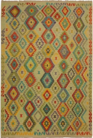 Abstract Ivory/Red Hand-Woven Kilim Wool Rug -6'9 X 10'0