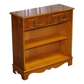Small Vintage Burr Yew Wood Open Library Bookcase with Drawers and Shelf For Sale