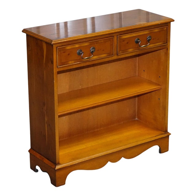 Small Vintage Burr Yew Wood Open Library Bookcase with Drawers and Shelf For Sale