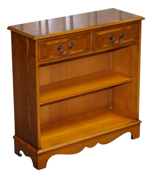 Small Vintage Burr Yew Wood Open Library Bookcase with Drawers and Shelf