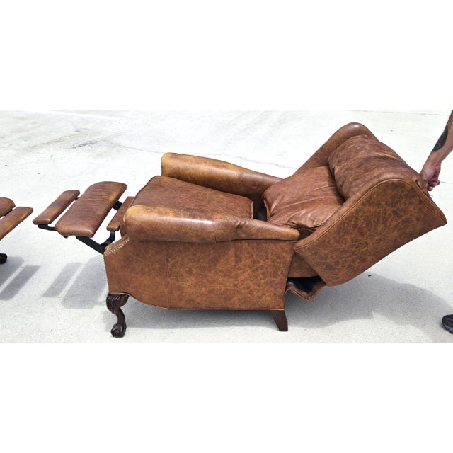 Mid-Century Modern Vintage Motioncraft Chippendale Leather Wingback Recliners Ball & Claw Pair For Sale - Image 3 of 16