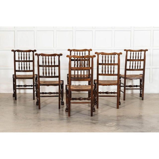Late 19th Century 19th Century Farmhouse English Oak Harlequin Rush Spindle Back Dining Chairs, 1880, Set of 6 For Sale - Image 5 of 13
