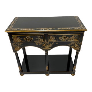 Baker Black and Gold Chinoiserie Console With Two Drawers For Sale