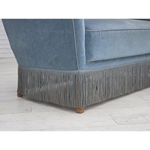 Wood Vintage Danish Two-Seater Sofa in Blue Furniture Velour and Oak, 1970s For Sale - Image 7 of 18