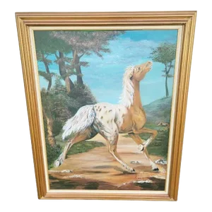 Custom Painted Equestrian Tan Spotted Horse Canvas Framed Fine Wall Art