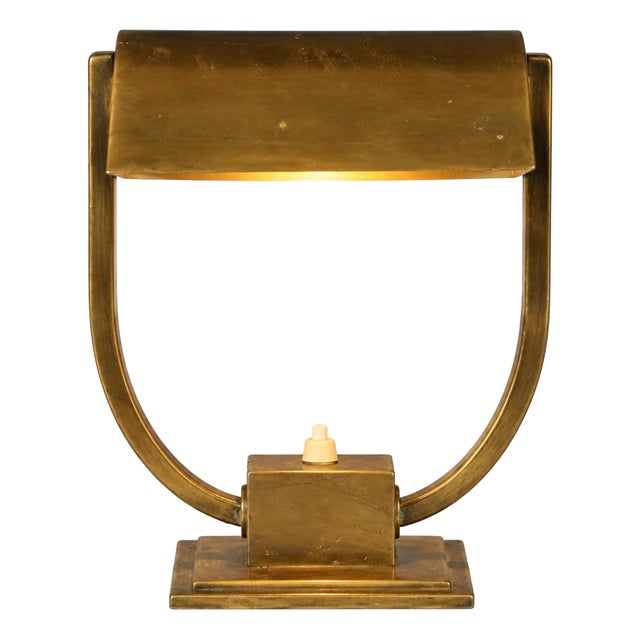 Art Deco Brass U-Frame Desk Lamp with Pivoting Shade, 1930s For Sale