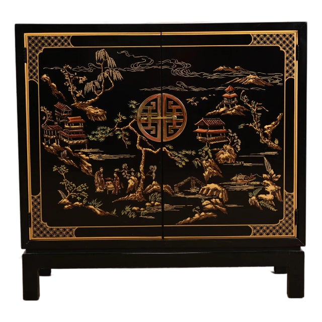 Drexel Heritage Hollywood Regency Chinoiserie Hand-Painted Black Lacquered Bar Cabinet For Sale