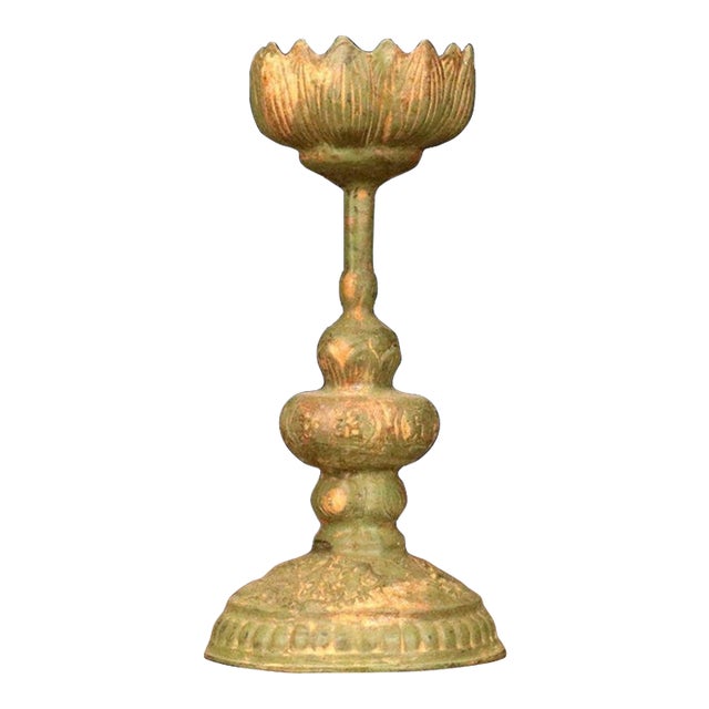 Bronze Lotus Candlestick – 5.7" Altar Candle Holder With Verdigris Patina For Sale