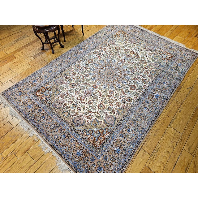 Vintage Persian Isfahan Rug, Hand-Knotted Wool & Silk, Floral Pattern, Ivory & Caramel,7x10 For Sale - Image 4 of 15