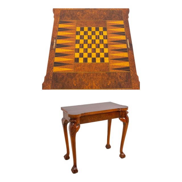 Chippendale Style Burl Walnut Flip Top Inlaid Game Table For Sale