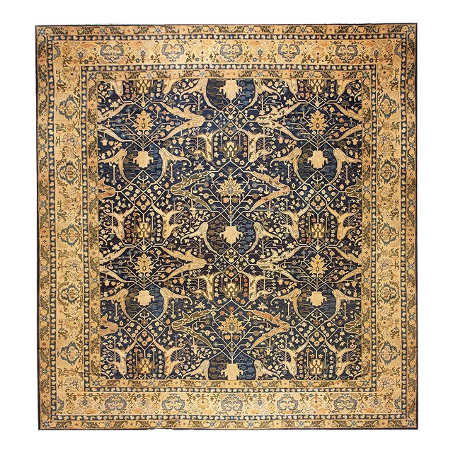 Excellent Navy Blue With Unique Open Palmettes Design Antique Lahore Rug For Sale