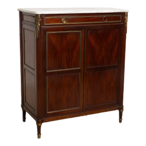 French Louis XVI Style Mahogany Brass Mounted Marble Top 2 Door Cabinet