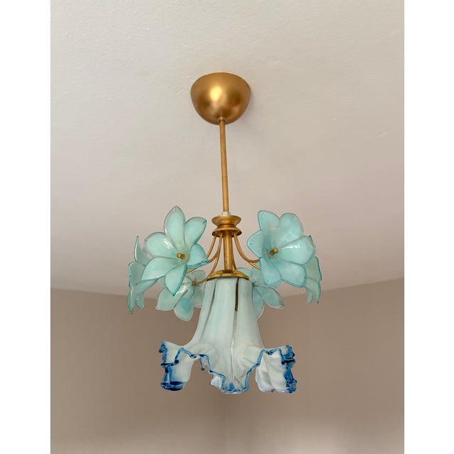 Vintage Custom Hand-Painted Italian Murano Style Light Blue Floral Pendant - Restored For Sale - Image 12 of 17