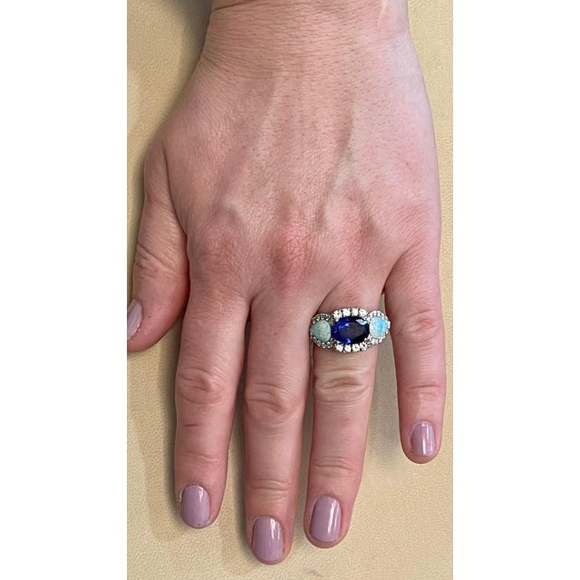 5 Carat Oval Tanzanite, Diamond and Opal Ring 14 Karat White Gold, Estate For Sale - Image 11 of 18