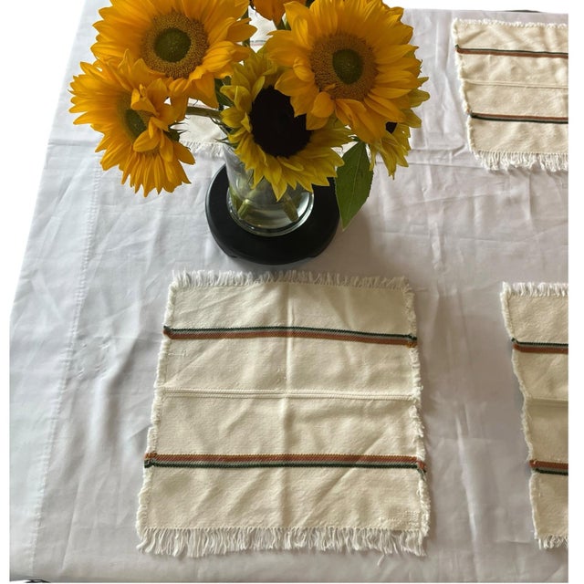 This set of 8 vintage woven napkins /placemats and features a minimalistic rustic design with green, gold, sage, dark...