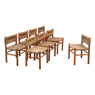 Vintage Chairs in Woven Straw and Wood by Charlotte Perriand, 1960s, Set of 8 For Sale