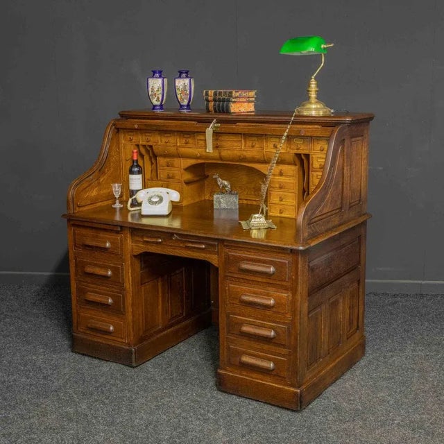 Edwardian Oak Roll Top Desk For Sale - Image 10 of 11
