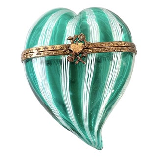Vintage Hand Blown Glass Heart Shaped Trinket Box With Turqoise Stripes and Brass Accents For Sale
