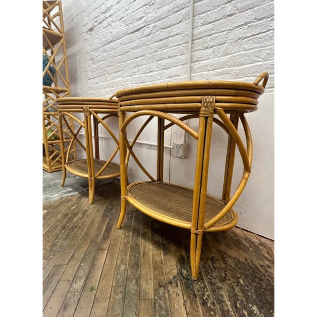 A Pair of Vintage Mid 20th Century Coastal Oval Bamboo Rattan Side Tables For Sale - Image 6 of 9