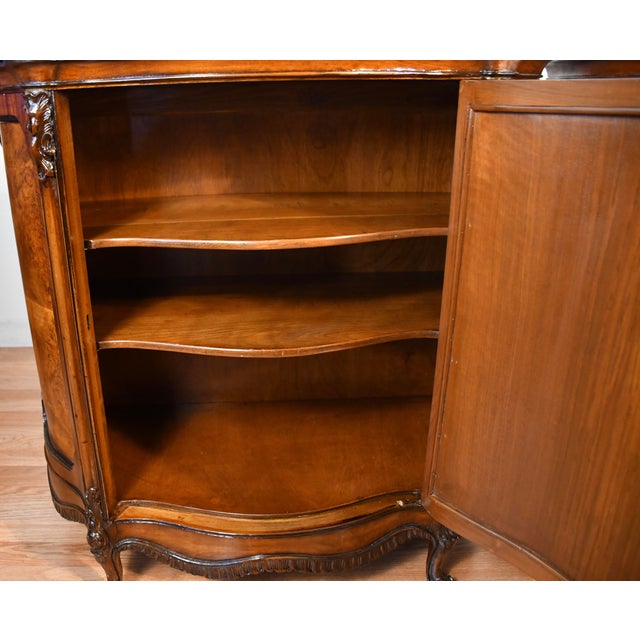 1890s Antique French Louis XV Burl Walnut Marble Top Pair of Cabinets Credenzas For Sale - Image 11 of 18