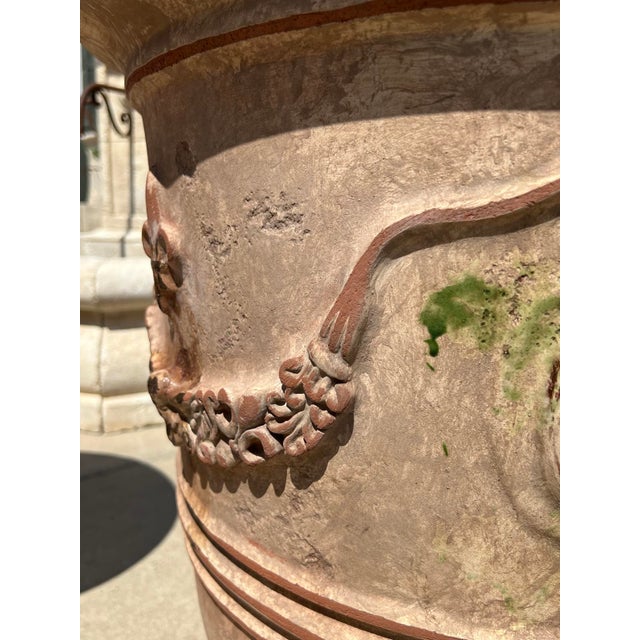 French Pair of 31 Inch French Anduze Planters With Antique Patine, Fleur De Lys For Sale - Image 3 of 12