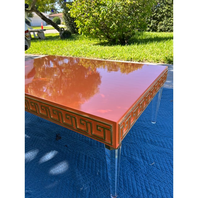 Mid-Century Modern Style High-Gloss Orange Lacquered Wood and Lucite Greek Key Coffee Table by Julio Jimenez For Sale - Image 14 of 17
