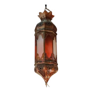 Moroccan Rustic Finish Glass Lantern in Burnt Red and Frosted White Color Glass For Sale