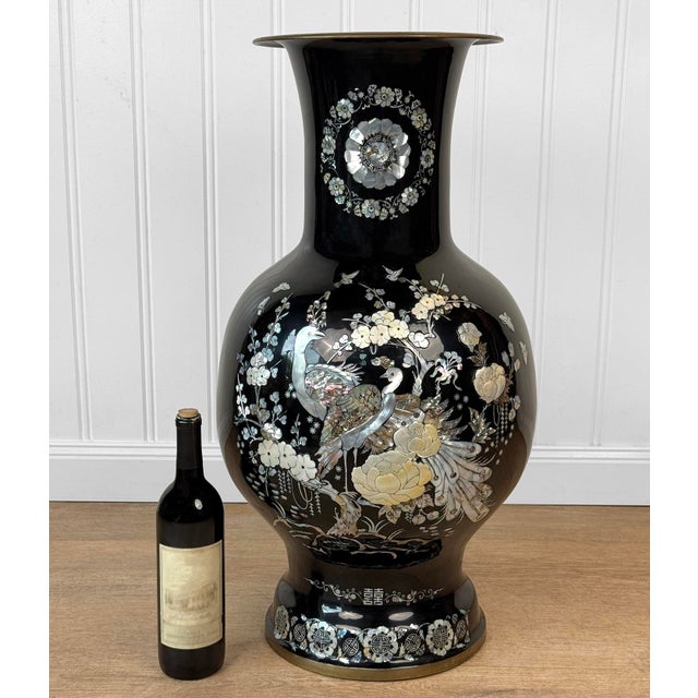 - 1970's Asian Chinoiserie Floor Vase - Stands 28" - Black Enamel over Brass with Exposed Brass Rim & Foot - Attractive...