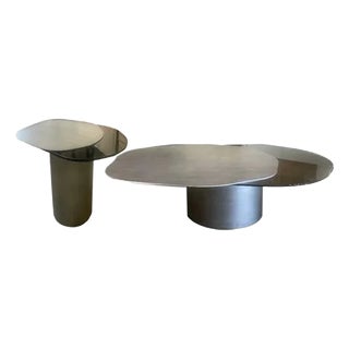 Irregular Shape Set of 2 Modern Organic Coffee Tables in Matte Gol For Sale