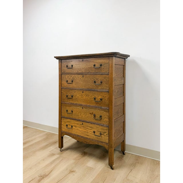 Traditional Antique Oak Dresser Five Drawer Tallboy Chest of Drawers Bedroom Furniture For Sale - Image 3 of 10