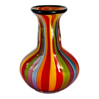 Late 20th Century Badash Hand Blown Art Glass Rainbow Stripe Vase Black Rim 9" Colorful For Sale