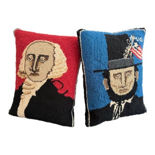 Vintage Hooked Wool Presidential Pillows, a Pair For Sale