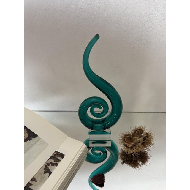 Postmodern Emerald Green Murano Glass Spiral Sculpture on Crystal Base, Italy, 1980s For Sale - Image 9 of 14