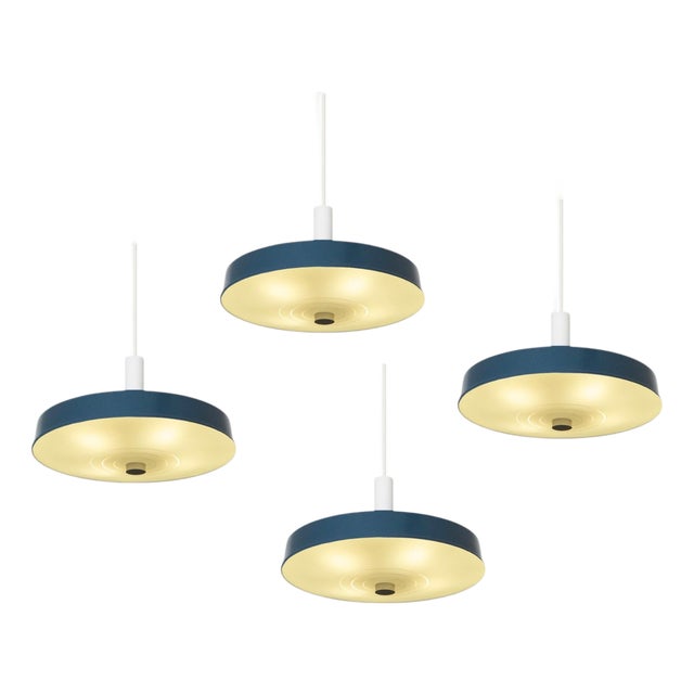 Large Mid-Century Modern Pendant Lamps in Painted Metal and Opaline Glass, 1960, Set of 4 For Sale