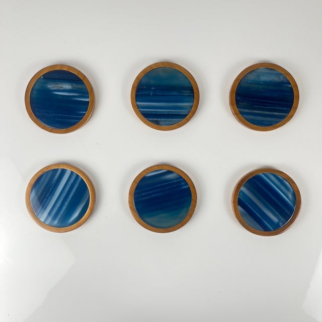 Mid-Century Modern Coasters in Blue Agate and Wood, 1960s, Set of 6 For Sale - Image 4 of 8