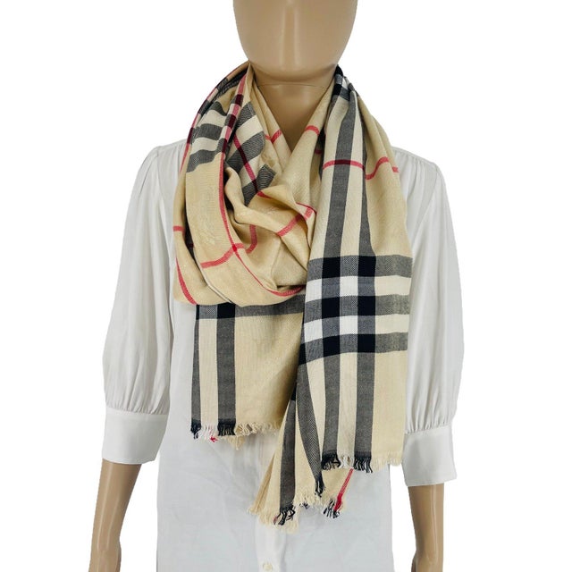 Burberry Burberry Beige Plaid Wide 100% Cashmere Scarf For Sale - Image 4 of 8