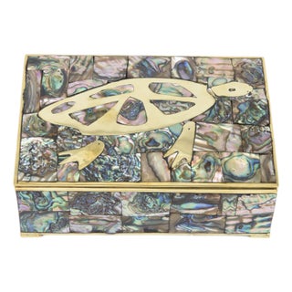 Vintage Restored MCM Brass Turtle, Abalone and Rosewood Hinged Box, 1950's For Sale