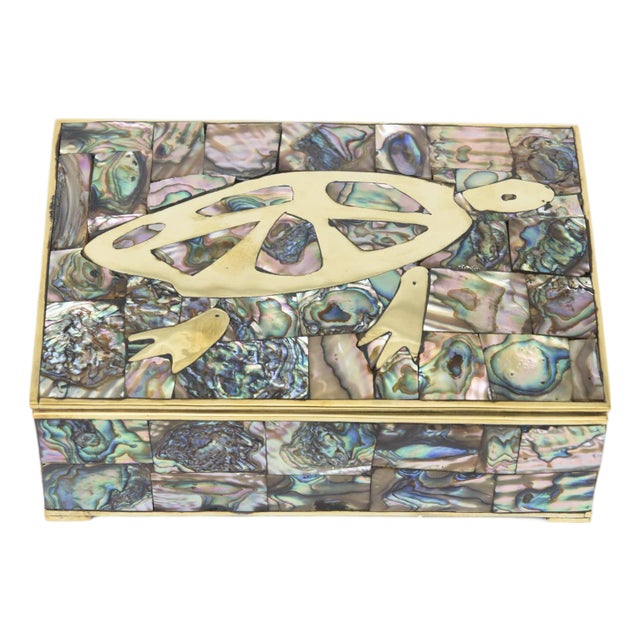 Vintage Restored MCM Brass Turtle, Abalone and Rosewood Hinged Box, 1950's For Sale