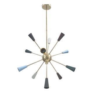 12-Light Brass Sputnik Chandelier With Colorful Cone Shades, Mid Century Modern Pendant For Sale