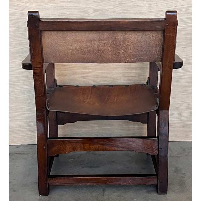 Animal Skin 19th Century Spanish Pair of Colonial Carved Armchairs With Leather Seat & Back For Sale - Image 7 of 10