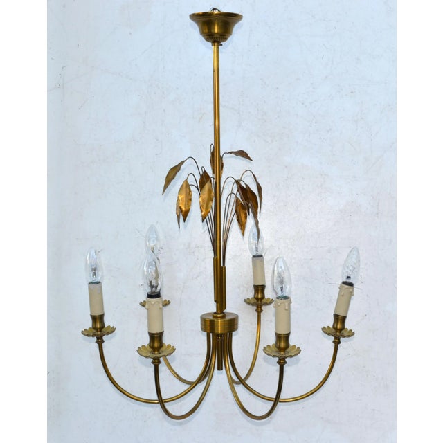 Mid-Century Modern Maison Charles Style Feuilles Gold Leaf & Brass 6-Light Chandelier France 1960 For Sale - Image 3 of 13