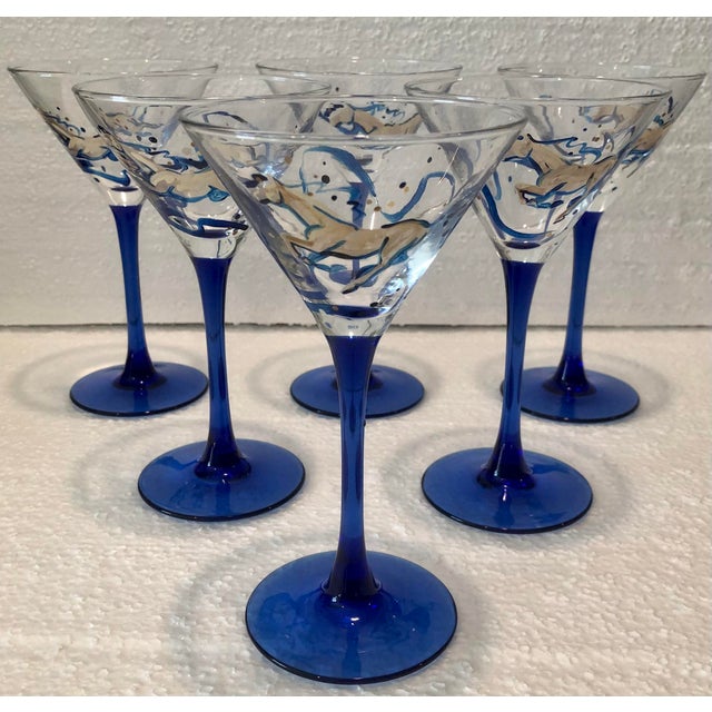 1970s Mid Century French Blue Hand Painted Equestrian Horse Martini Glasses - Set of 6 For Sale - Image 5 of 10