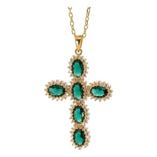 Passion Diamond & Green Jade Stone Cross Pendant Necklace For Sale