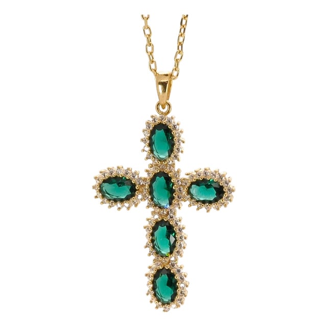 Passion Diamond & Green Jade Stone Cross Pendant Necklace For Sale