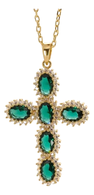 Passion Diamond & Green Jade Stone Cross Pendant Necklace