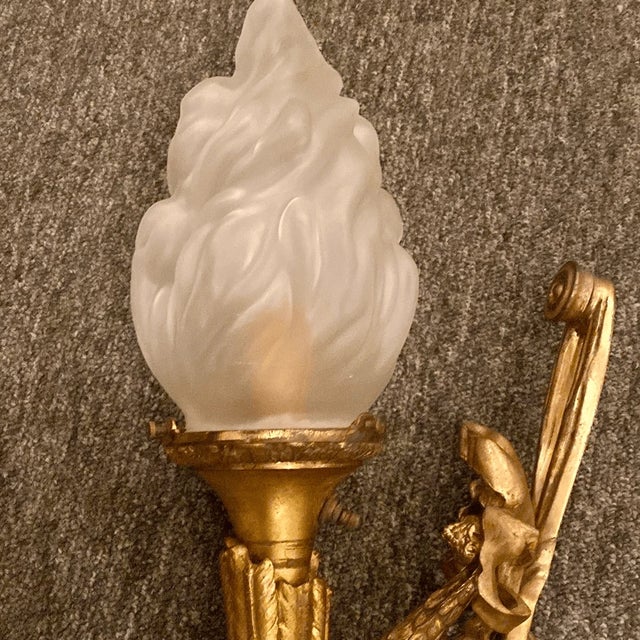 Mid 20th Century Mid 20th Century Maison Arlus Bronze Sconce Hand Holding Torch & Flame Glass Shade For Sale - Image 5 of 14