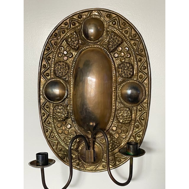 Metal Early American 19th Century Hammered Brass Double Arm Wall Sconces - Set of 2 For Sale - Image 7 of 12