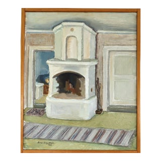 1968 Mid-Century Modern 'The Fireplace' Vintage Swedish Expressive Interior Oil Painting, Framed For Sale