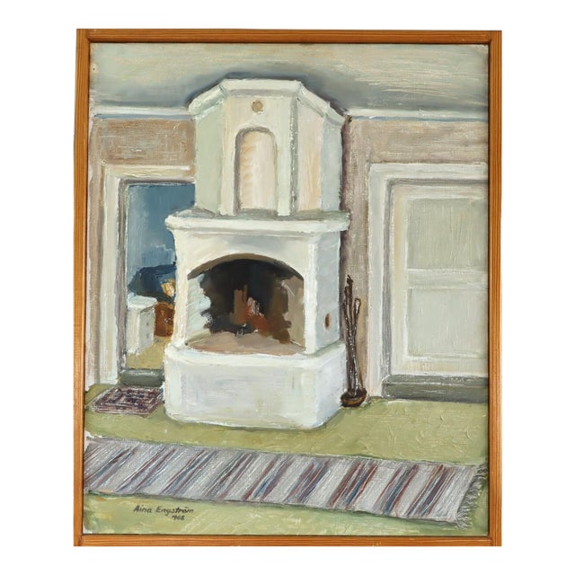 1968 Mid-Century Modern 'The Fireplace' Vintage Swedish Expressive Interior Oil Painting, Framed For Sale